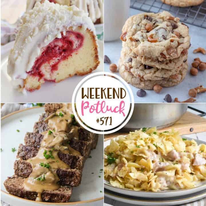 Weekend Potluck featured recipes include: Kitchen Sink Cookies, Beef Stroganoff Meatloaf, Stove Top Tuna Noodle Casserole and White Chocolate Berry Bundt Cake.