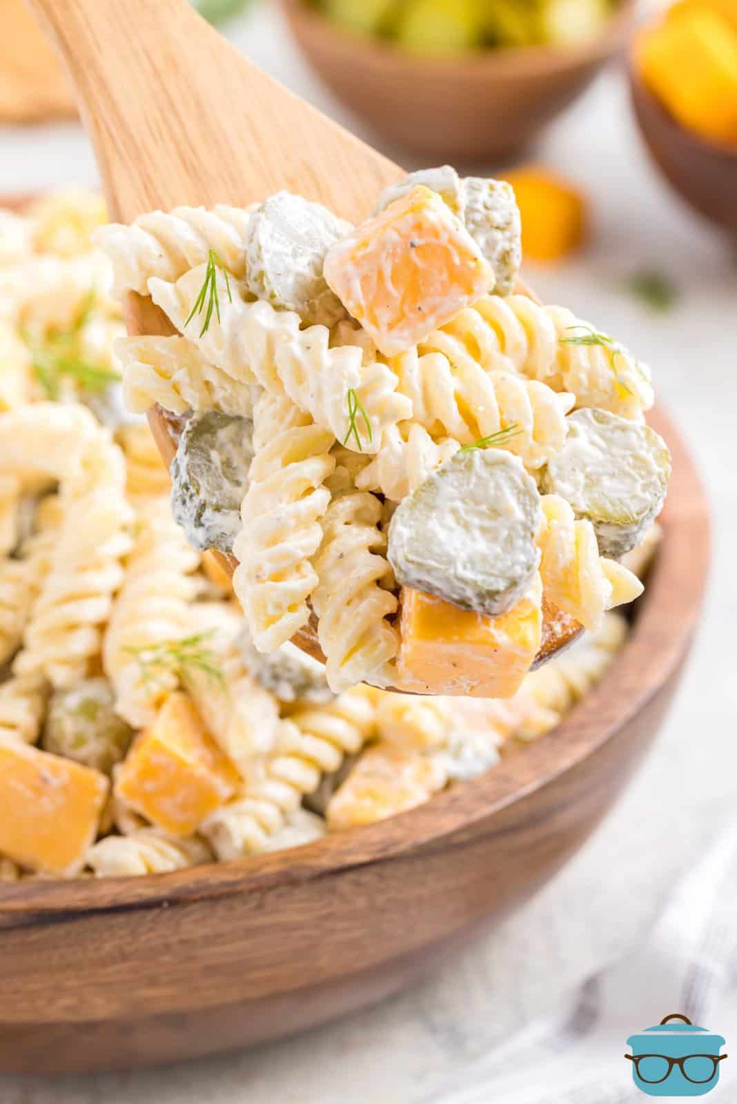 Closely looking at Dill Pickle Pasta Salad.