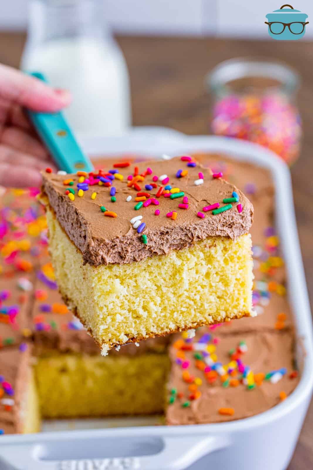 A serving utensil holding a slice of homemade yellow cake with chocolate frosting. 