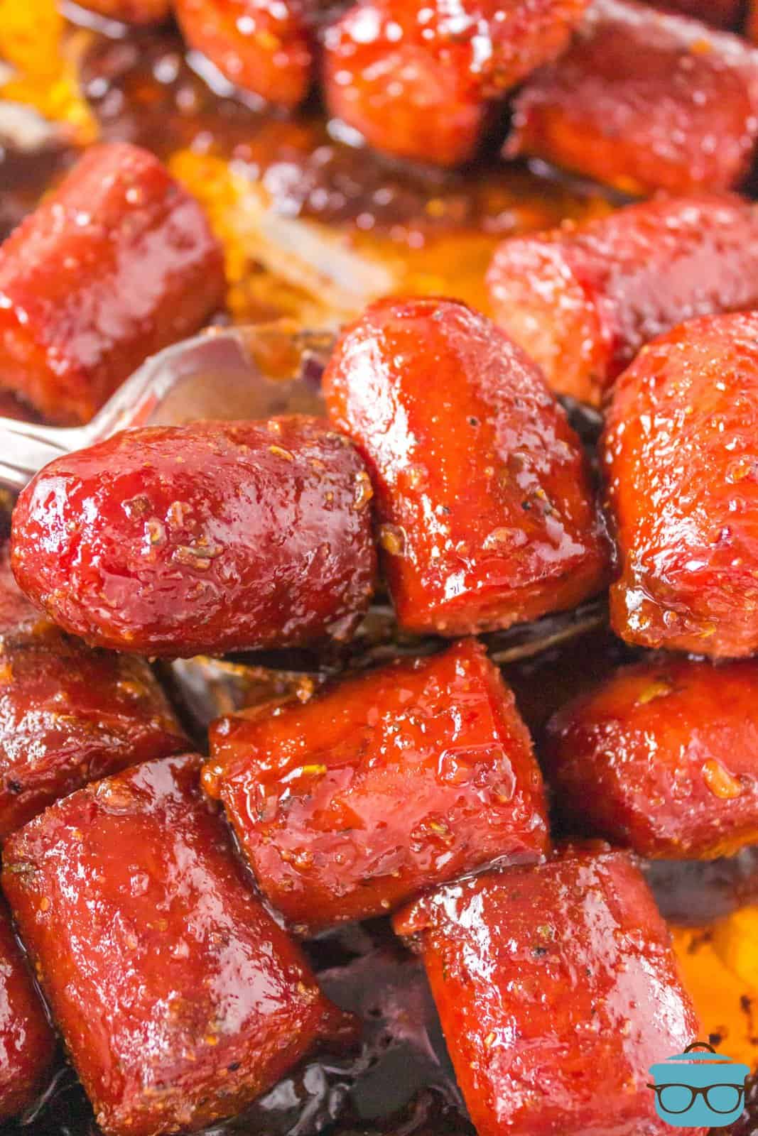Close up looking at a bunch of hot dog burnt ends. 