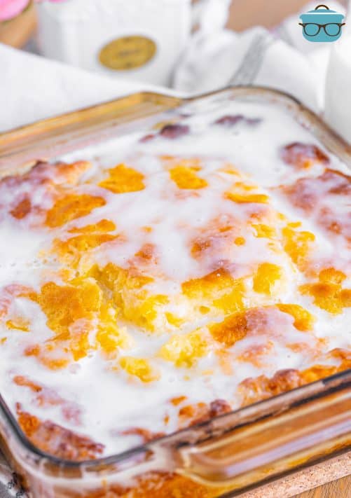 A baking dish of Peach Butter Swim Biscuits.