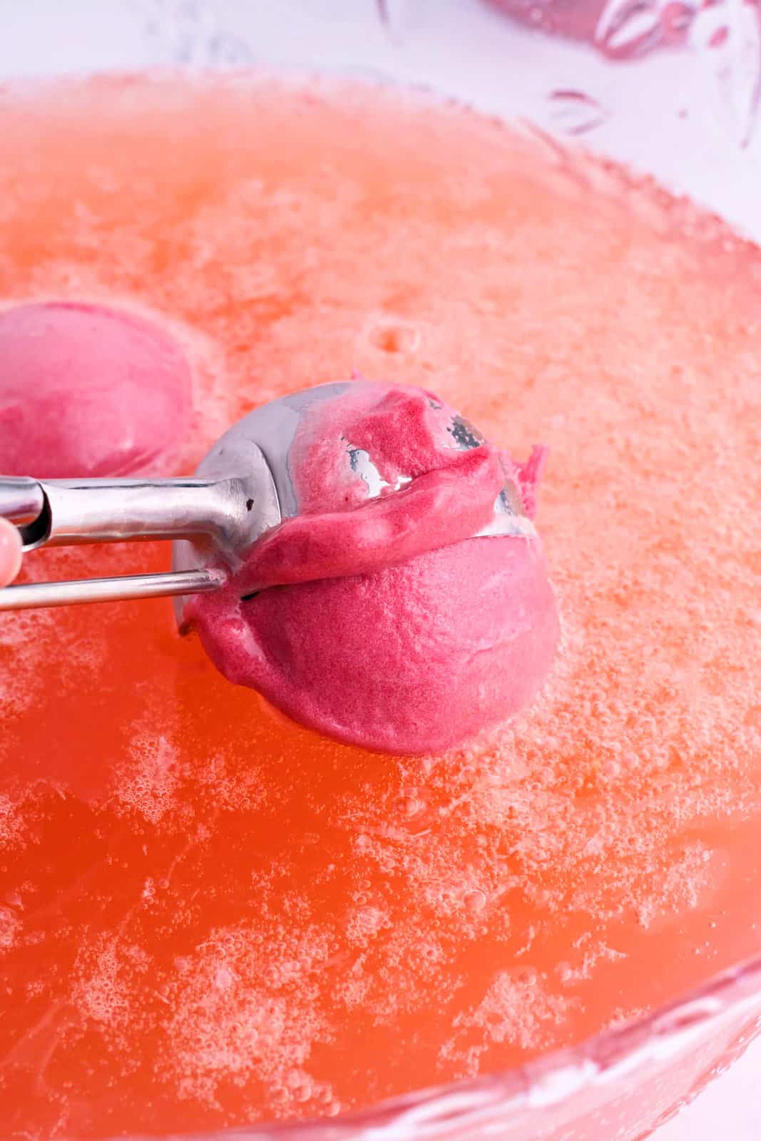 Raspberry Sorbet being added to baby shower punch.