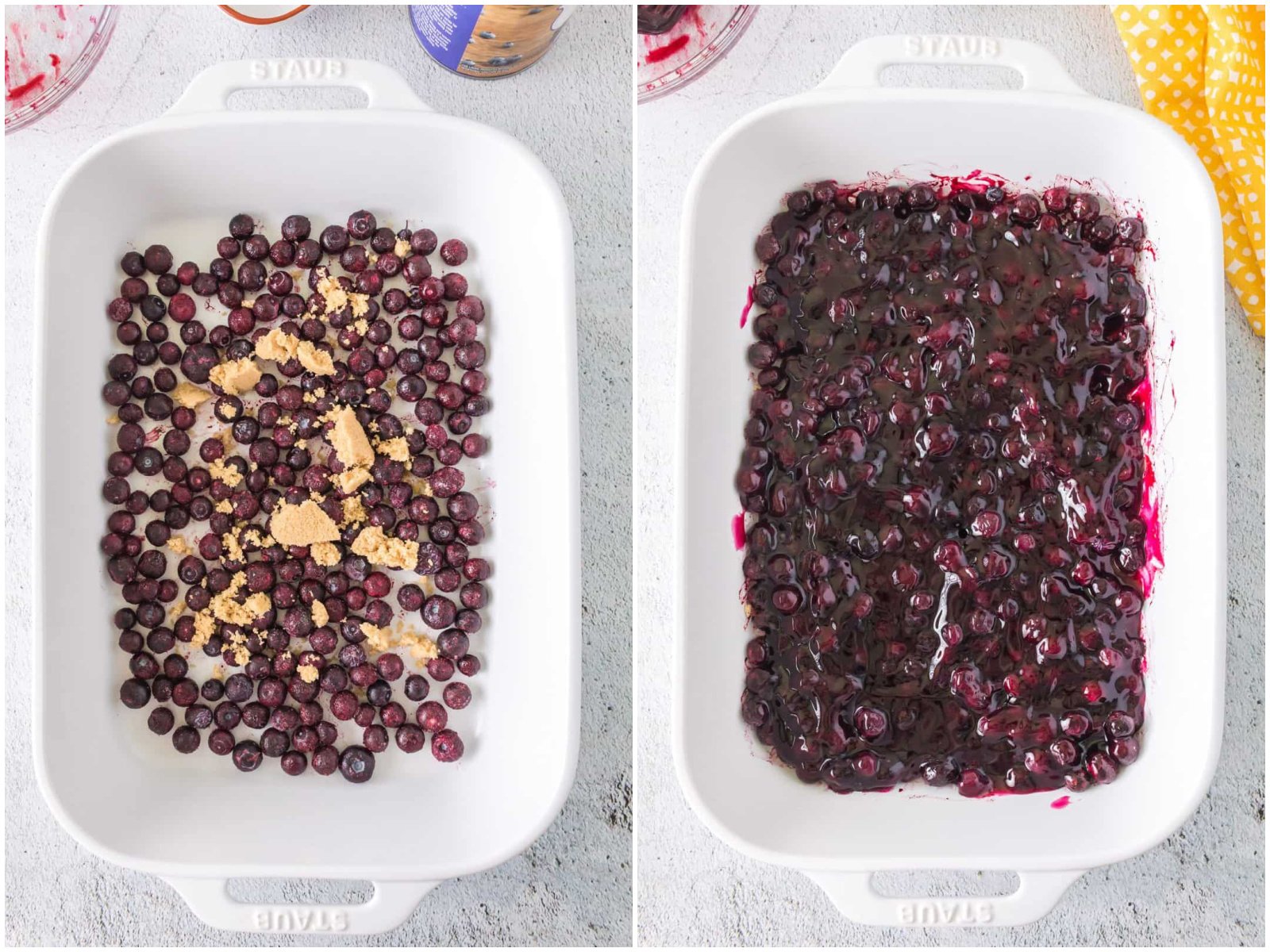 collage of two photos: blueberries and brown sugar in a baking dish; blueberry pie filling spread on top of blueberries in baking dish. 