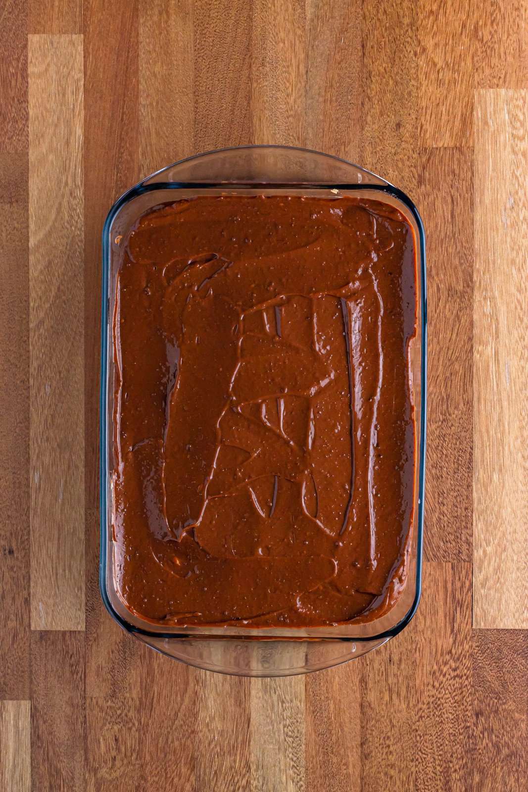 Chocolate pudding layered in a baking dish.