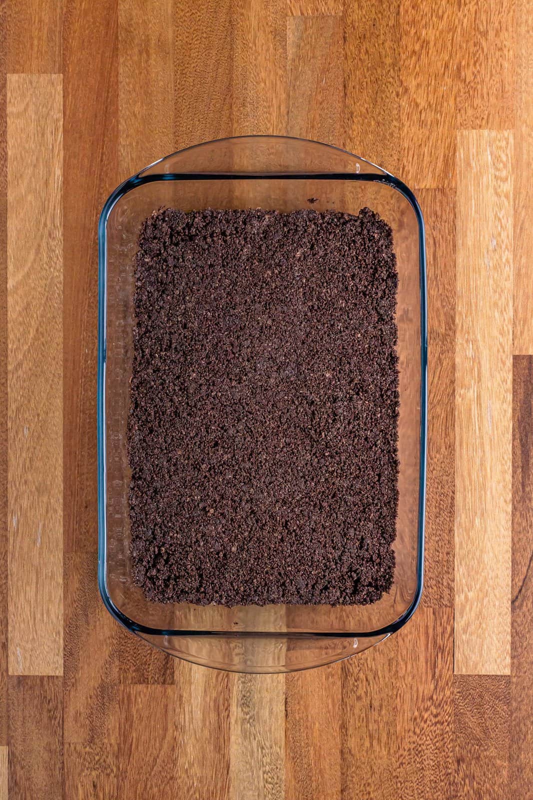 A baking dish with an Oreo Crust.