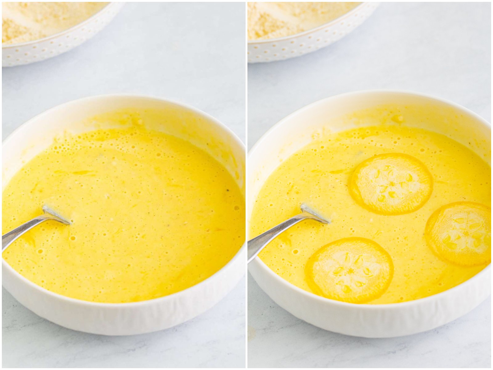 collage of two photos: a small bowl with buttermilk, egg, and flour; three slices of squash dipped in egg mixture in bowl. 