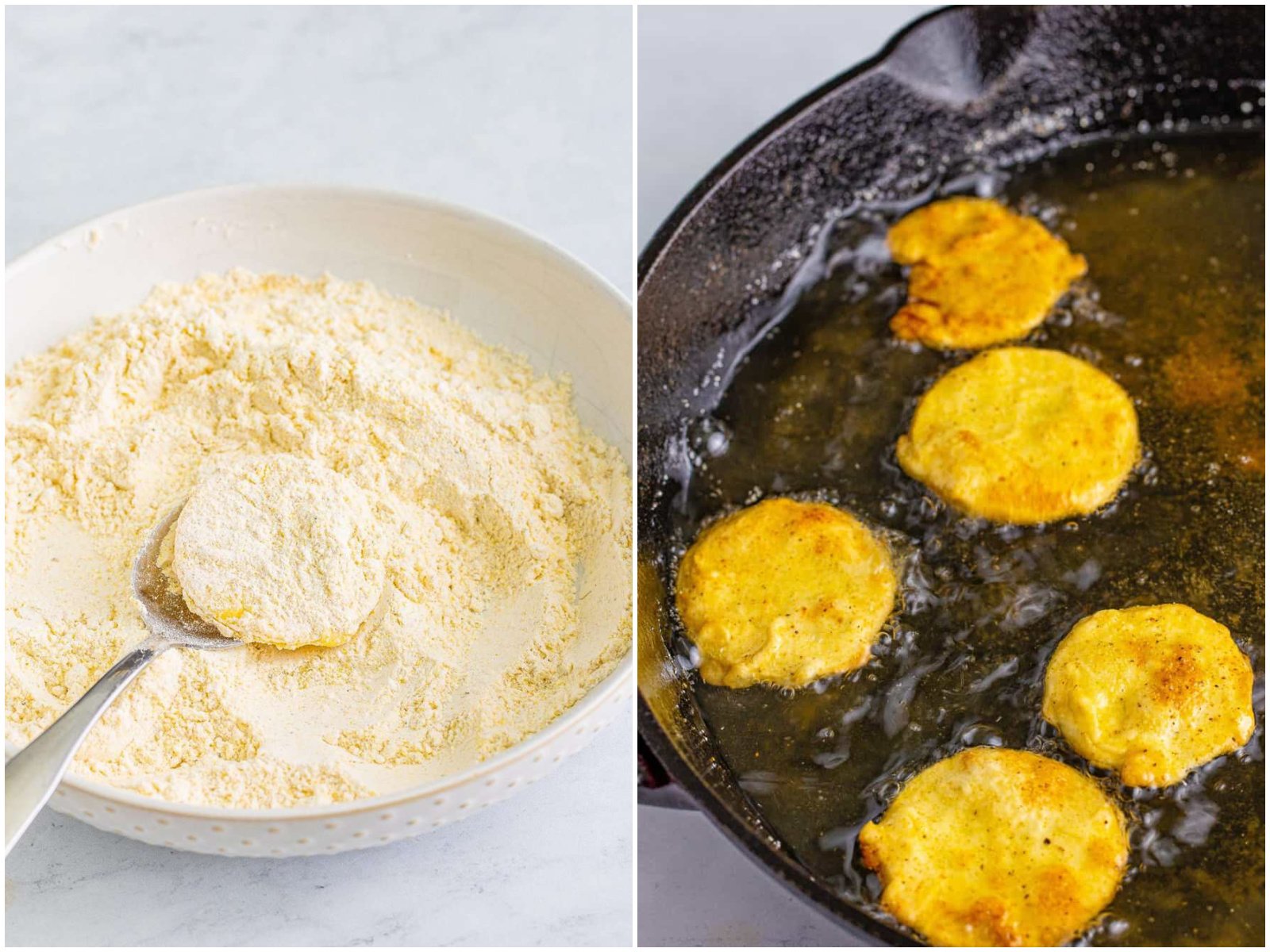 collage of two photos: coating a slice of squash in flour and cornmeal in a bowl; frying slices of squash in a cast iron pan. 