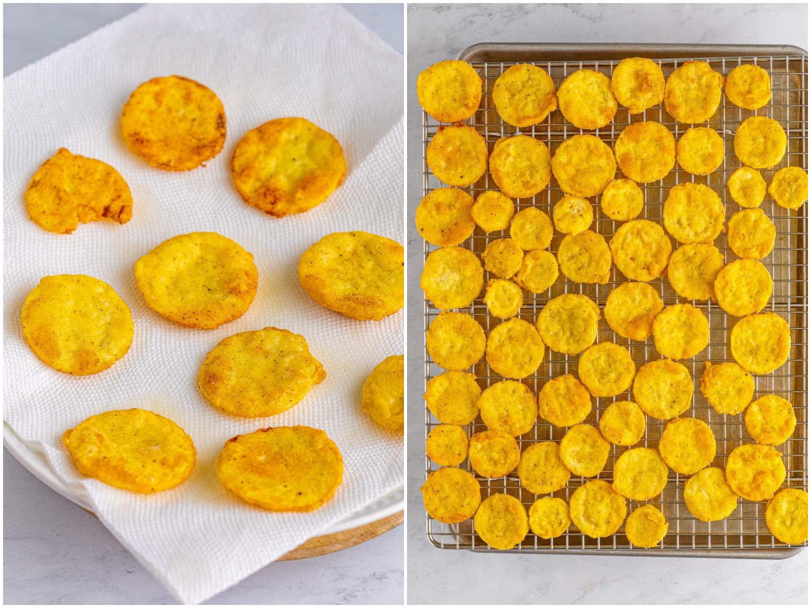 collage of two photos: fried squash drying on a paper towel; fried squash placed on a baking rack. 
