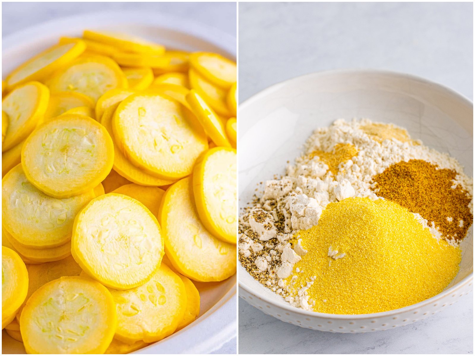collage of two photos: sliced yellow squash in a bowl; flour, corn meal and seasoning in a bowl.
