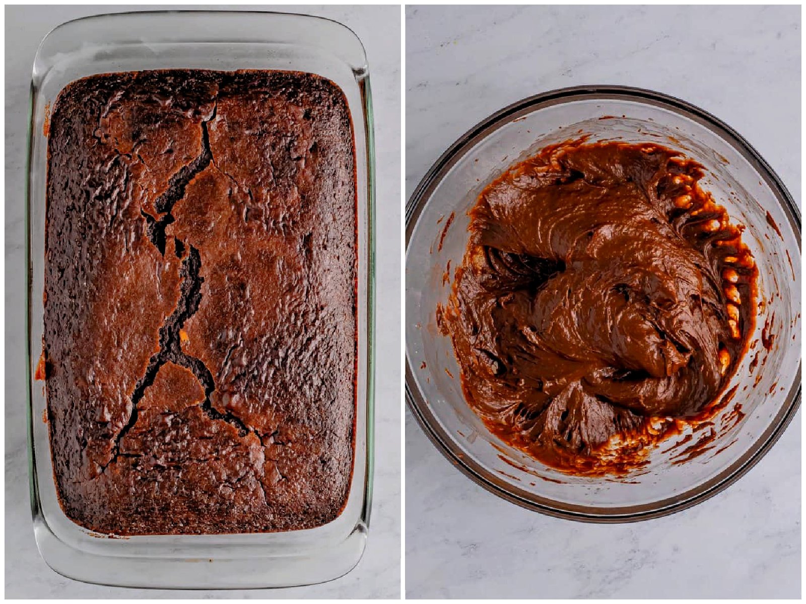 collage of two photos: fully baked Italian Love Cake cooling; instant pudding prepared in a bowl. 