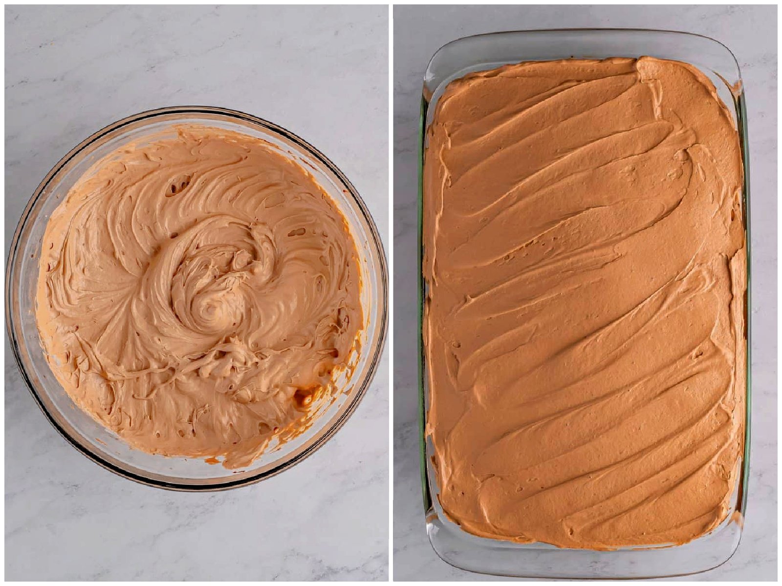 collage of two photos: Cool Whip added to chocolate pudding mixture; chocolate pudding whipped topping spread on top of cake. 