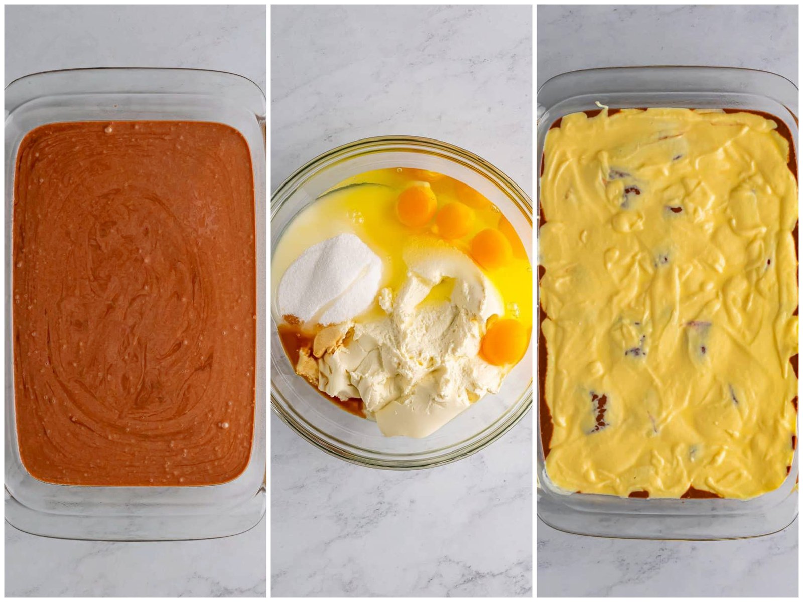 collage of three photos: chocolate cake batter in a baking dish; ricotta, eggs, sugar, and vanilla in a large bowl; ricotta cheese spread out on top of chocolate cake batter. 
