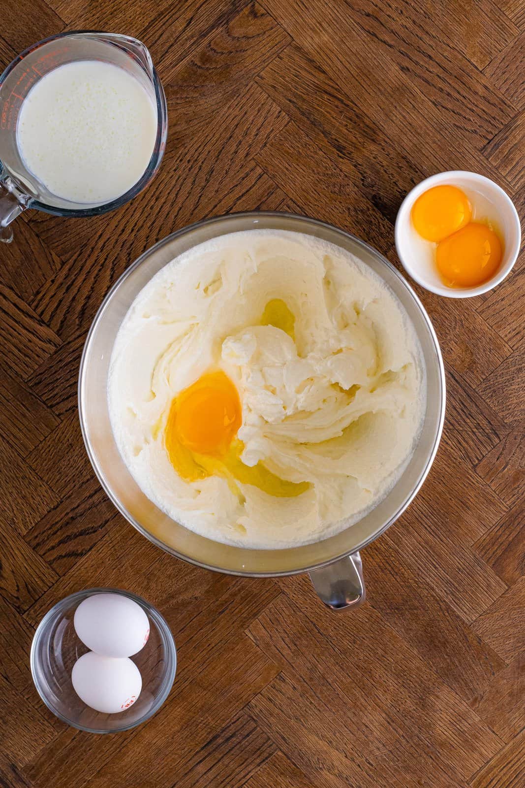 Egg yolks in a cake batter mixture. 