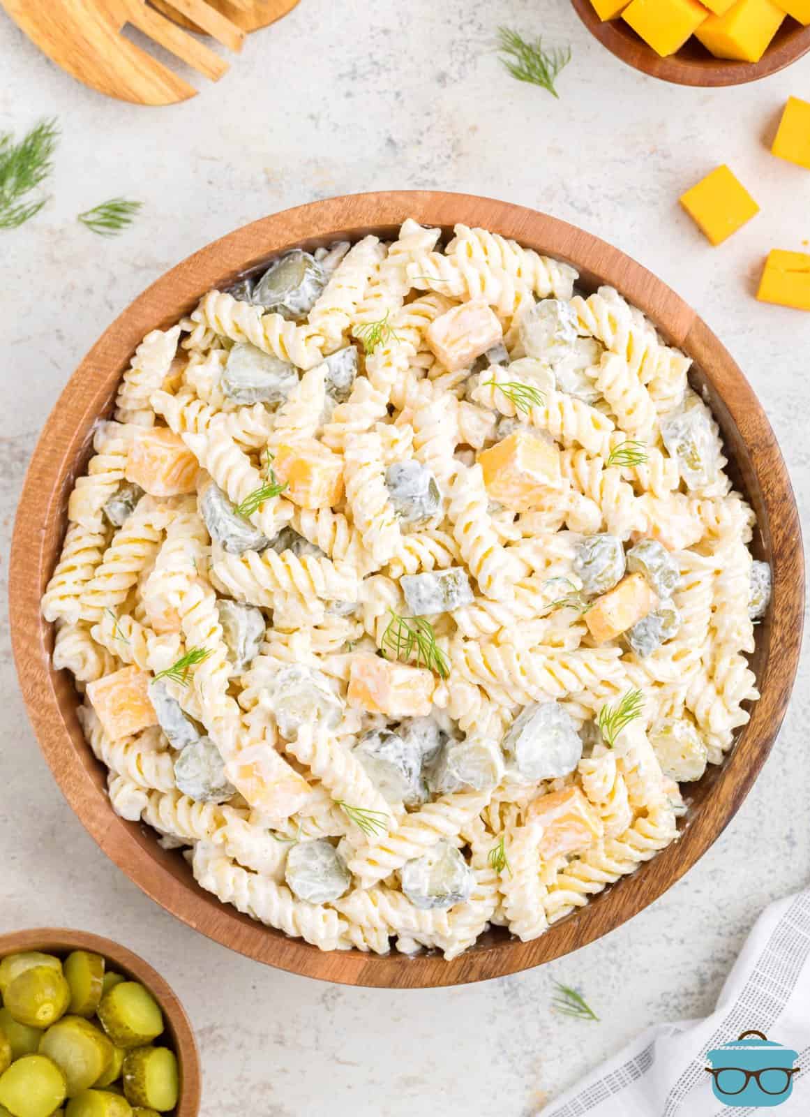 A large bowl of Dill Pickle Pasta Salad. 