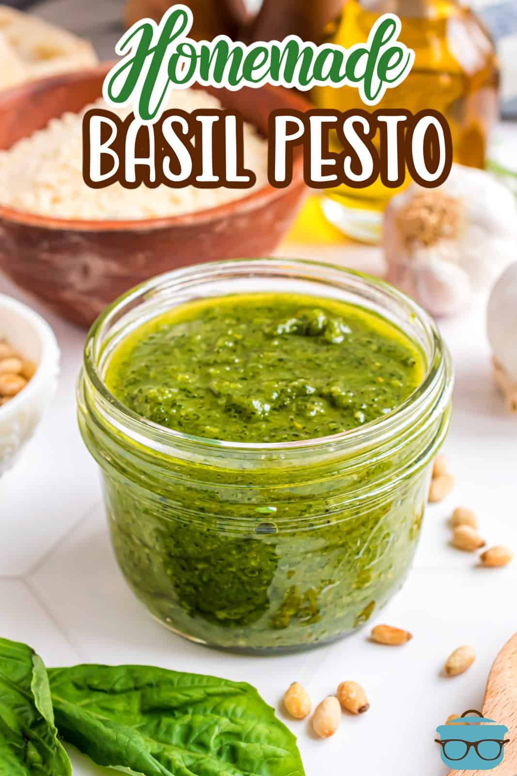 A jar of homemade basil pesto. 