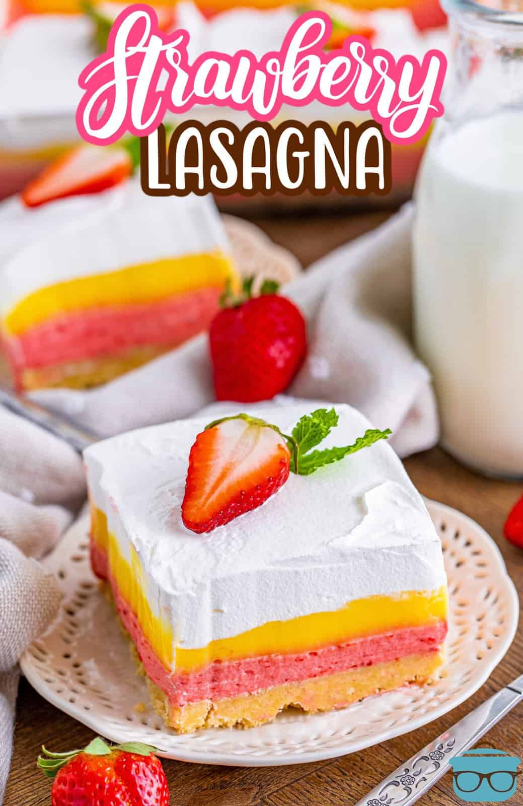 A plate with a slice of Strawberry Lasagna.
