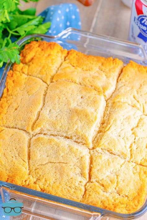 A baking dish of cut Beer Bread Butter Swim Biscuits.