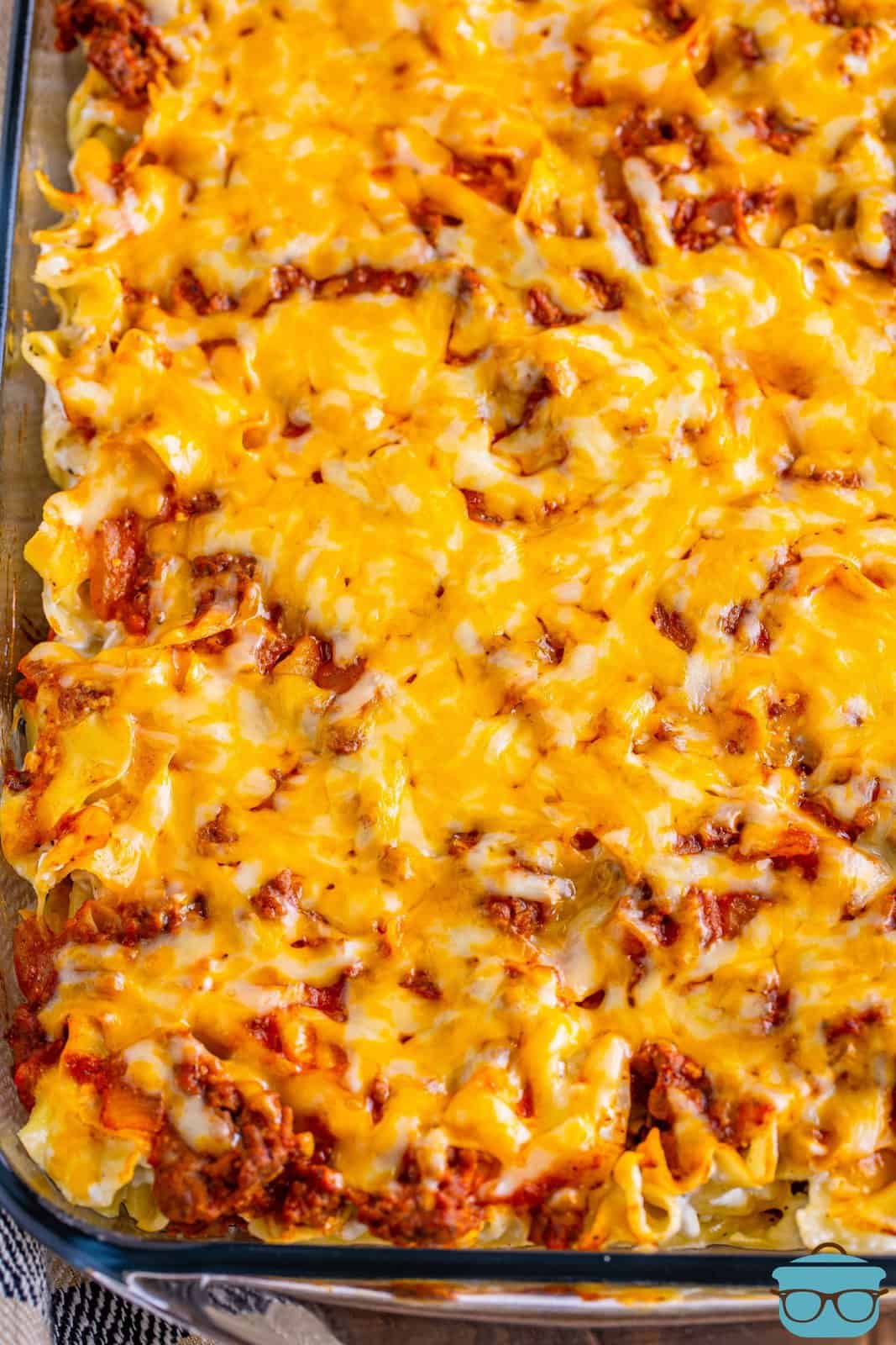 A baking dish full of Sour Cream Noodle Bake.