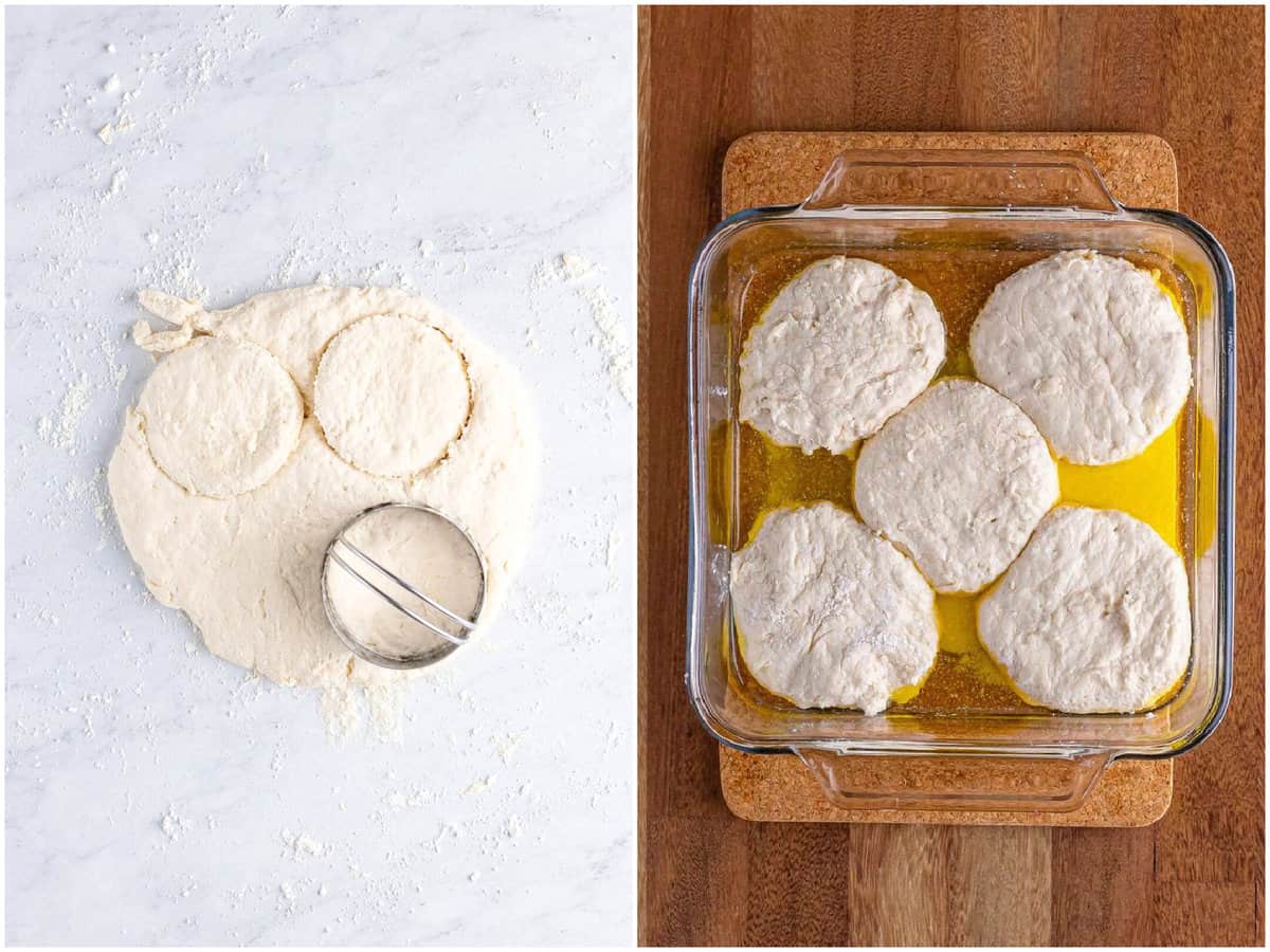 collage of two photos: a metal biscuit cutter shown cutting out a biscuit from the dough, five uncooked biscuits shown on top of melted butter in baking dish.