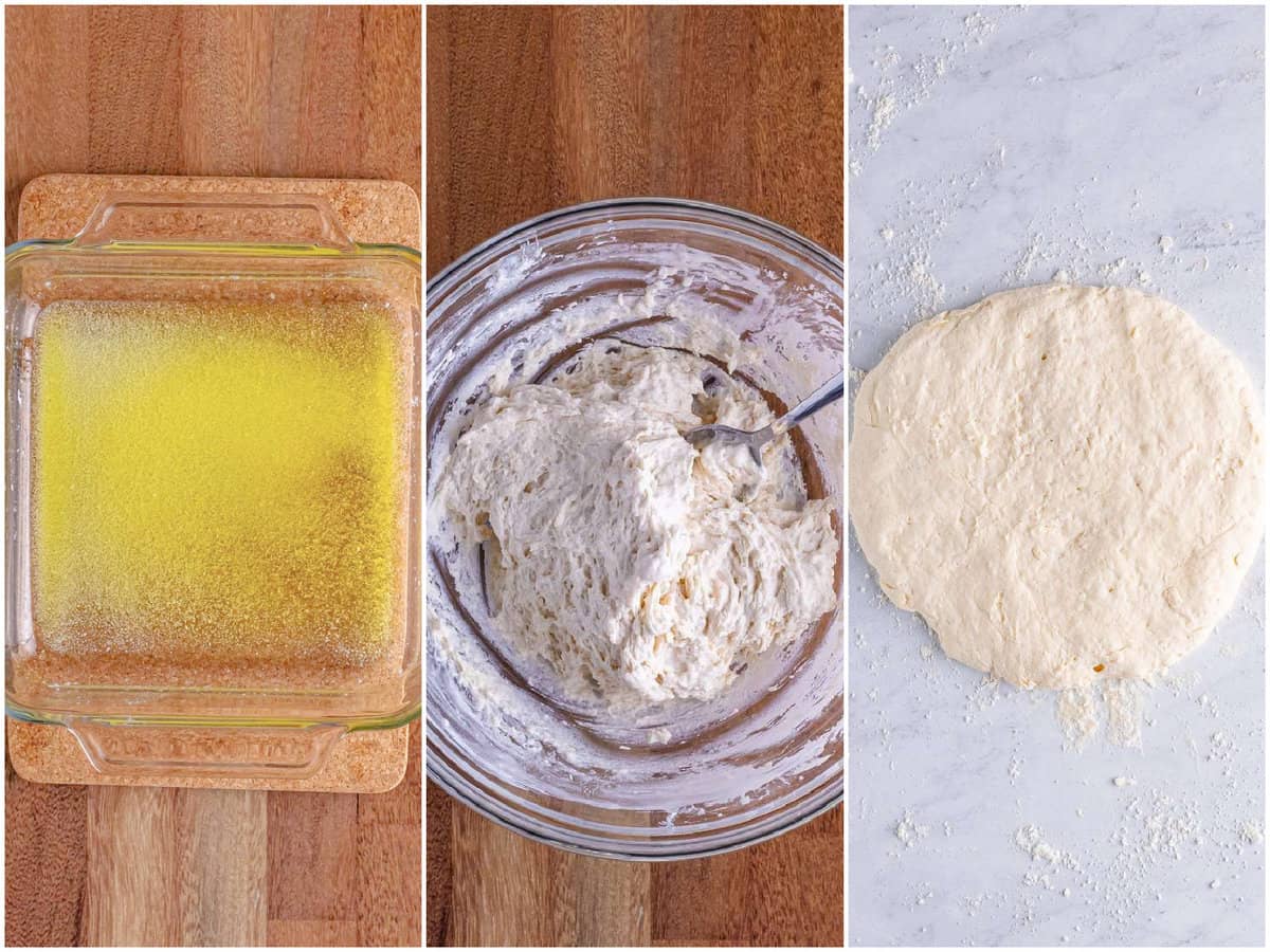 collage of three photos: melted butter in a square baking dish, biscuit batter in a clear bowl, biscuit doing spread out on the counter with flour. 