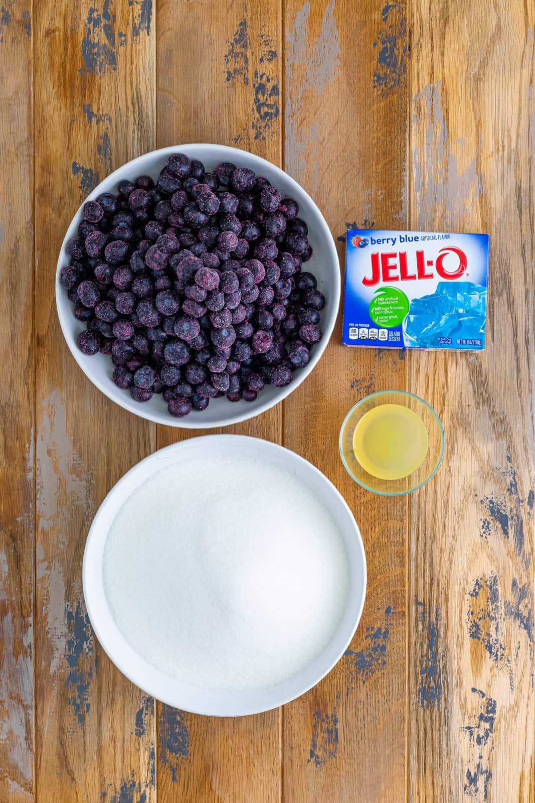 Blueberry Jello, sugar, and blueberries.