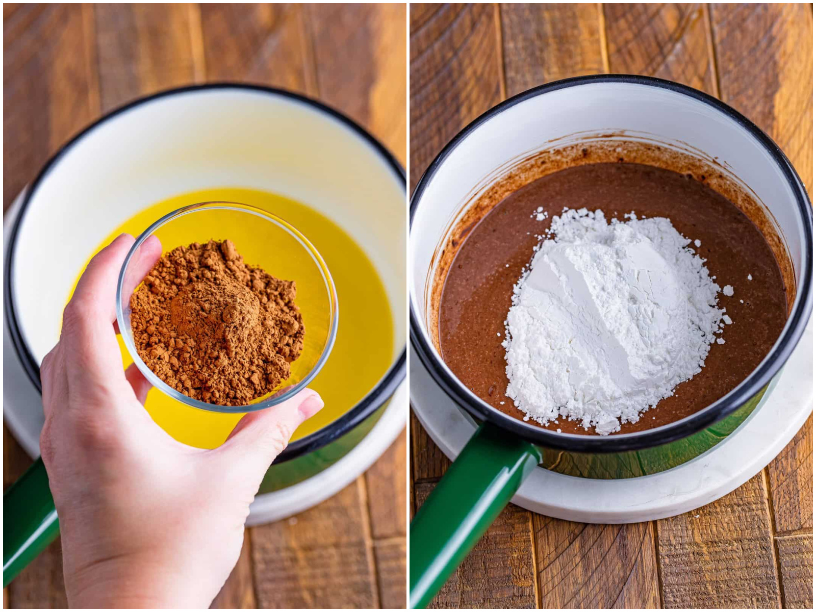 collage of two photos: melted butter and cocoa powder in a sauce pan; powdered sugar added to sauce pan.