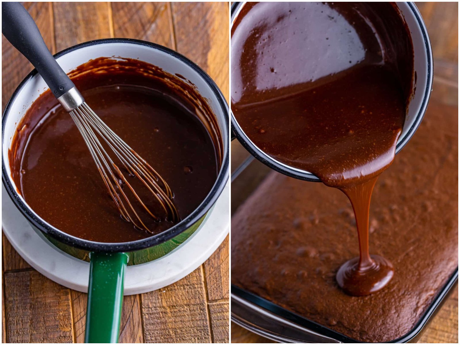 collage of two photos: whisk in sauce pan with icing; pouring chocolate icing on top of cooled cake. 