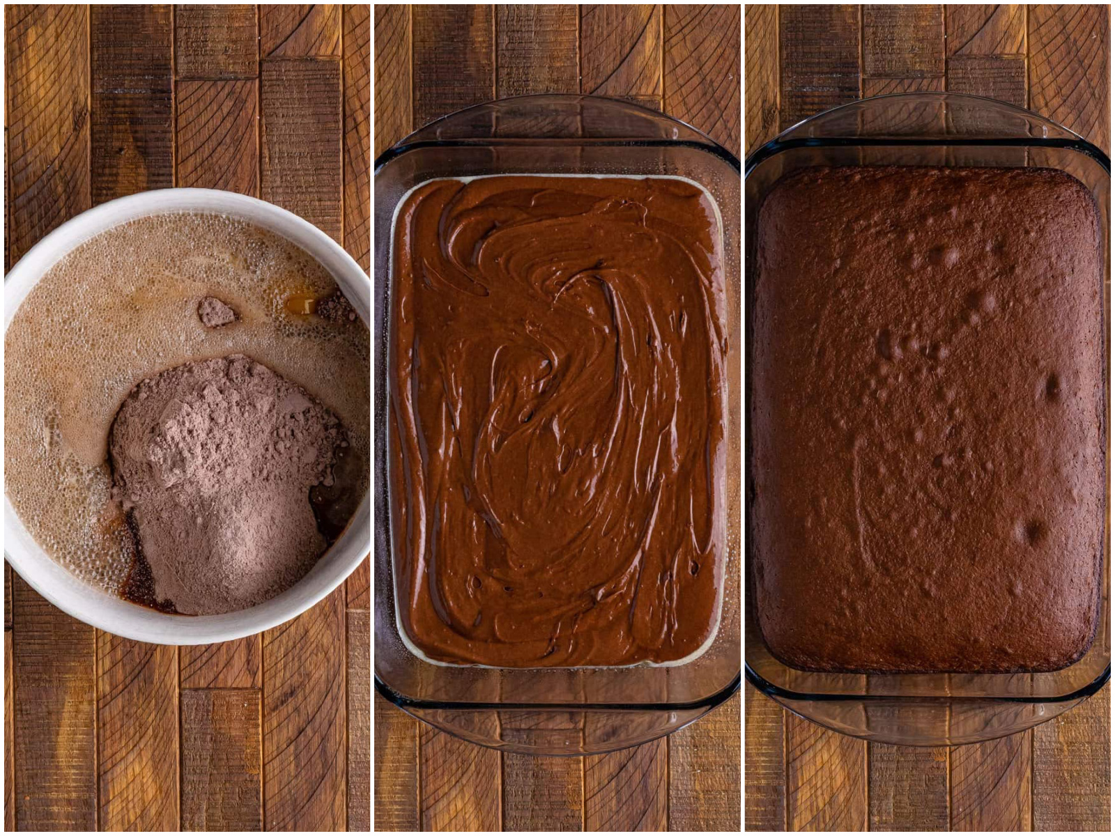 collage of three photos: cake mix, dry pudding mix, eggs, oil and Coke in a white mixing bowl; cake batter in baking dish; fully baked chocolate cake. 