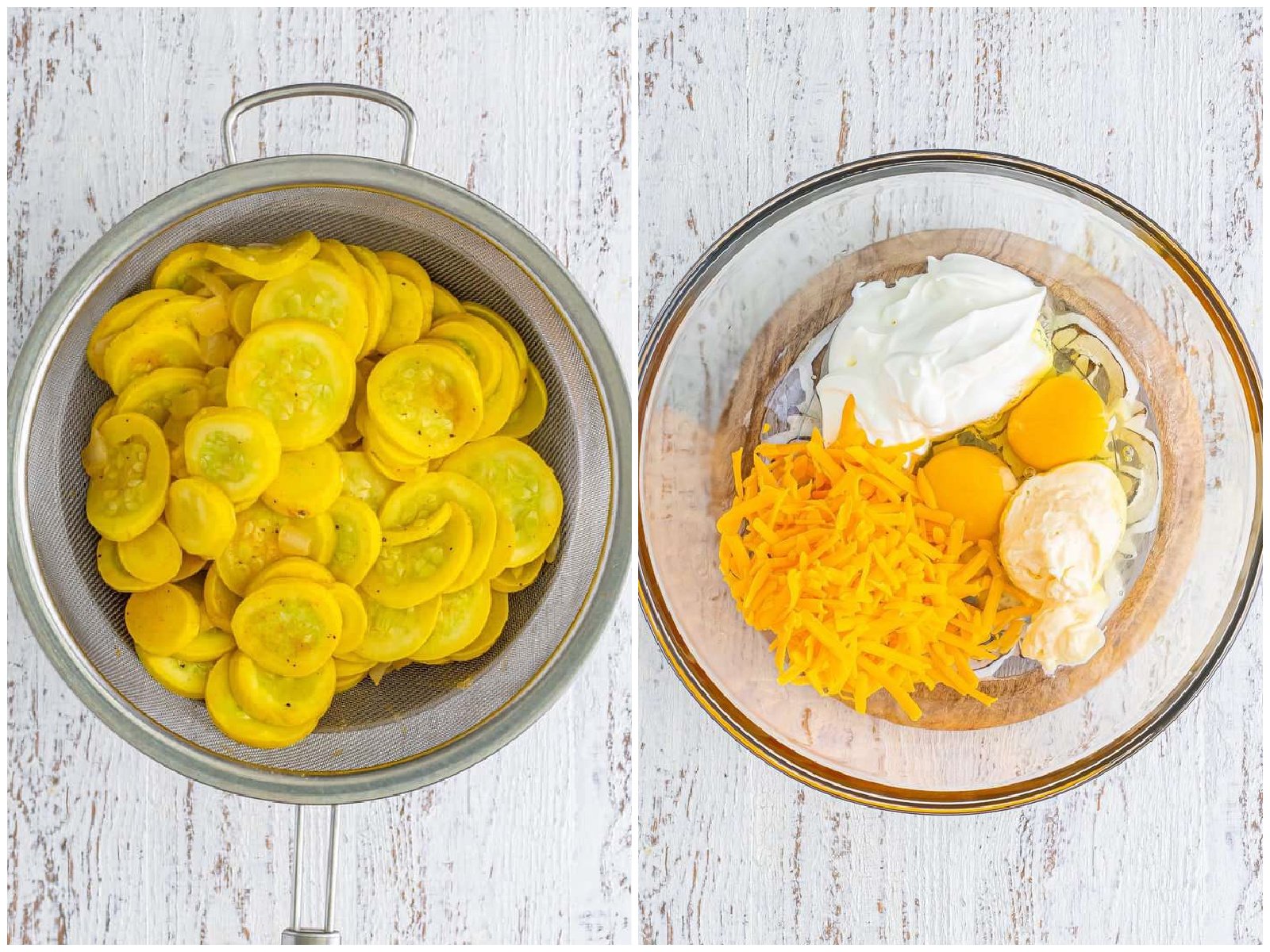 collage of two photos: draining cooked squash in a colander; mixing together eggs, sour cream, mayonnaise and cheese in a bowl. 