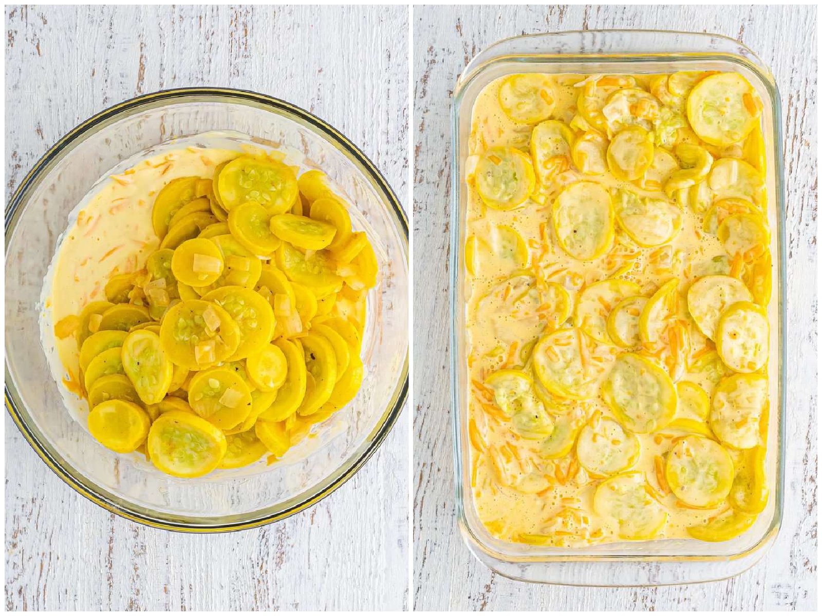 collage of two phots: drained squash and eggs, sour cream, mayonnaise, and cheese in a bowl; same mixture poured into a baking dish. 