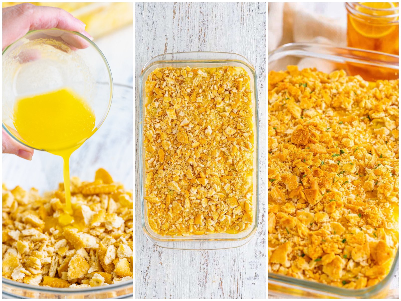 collage of three photos: during melted butter over crushed crackers; crushed cracker mixture spread out on top of casserole; fully baked squash casserole. 