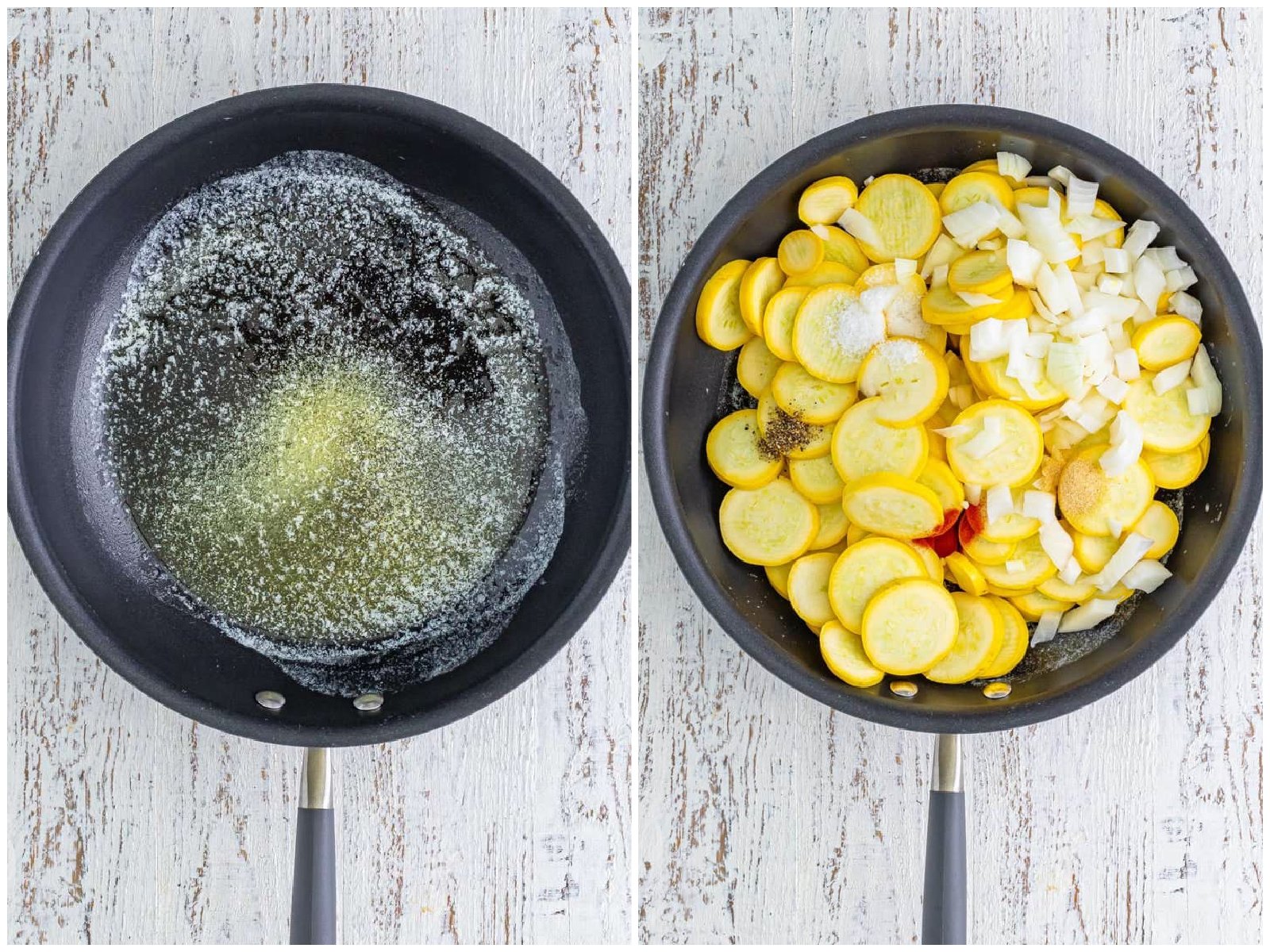 collage of two photos: melted butter in a skillet; sliced aquas and onions added to melted butter. 
