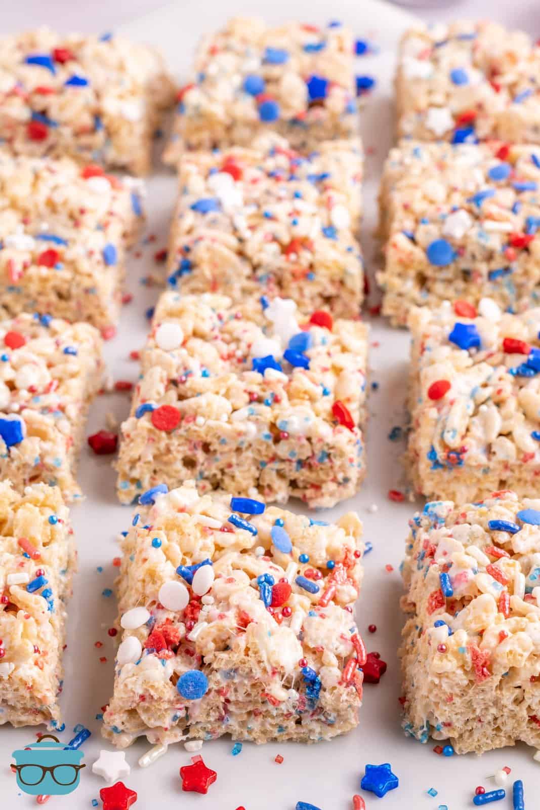 A couple rows of homemade 4th of July Rice Krispie Treats.