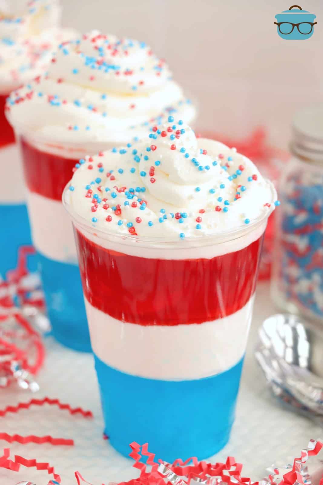 Layered Jello cups that are red, white, and blue.