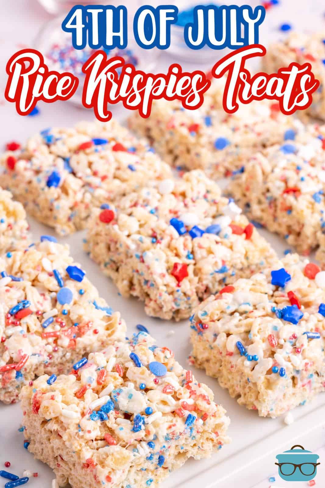 A few homemade Rice Krispie Treats with red, white, and blue sprinkles.