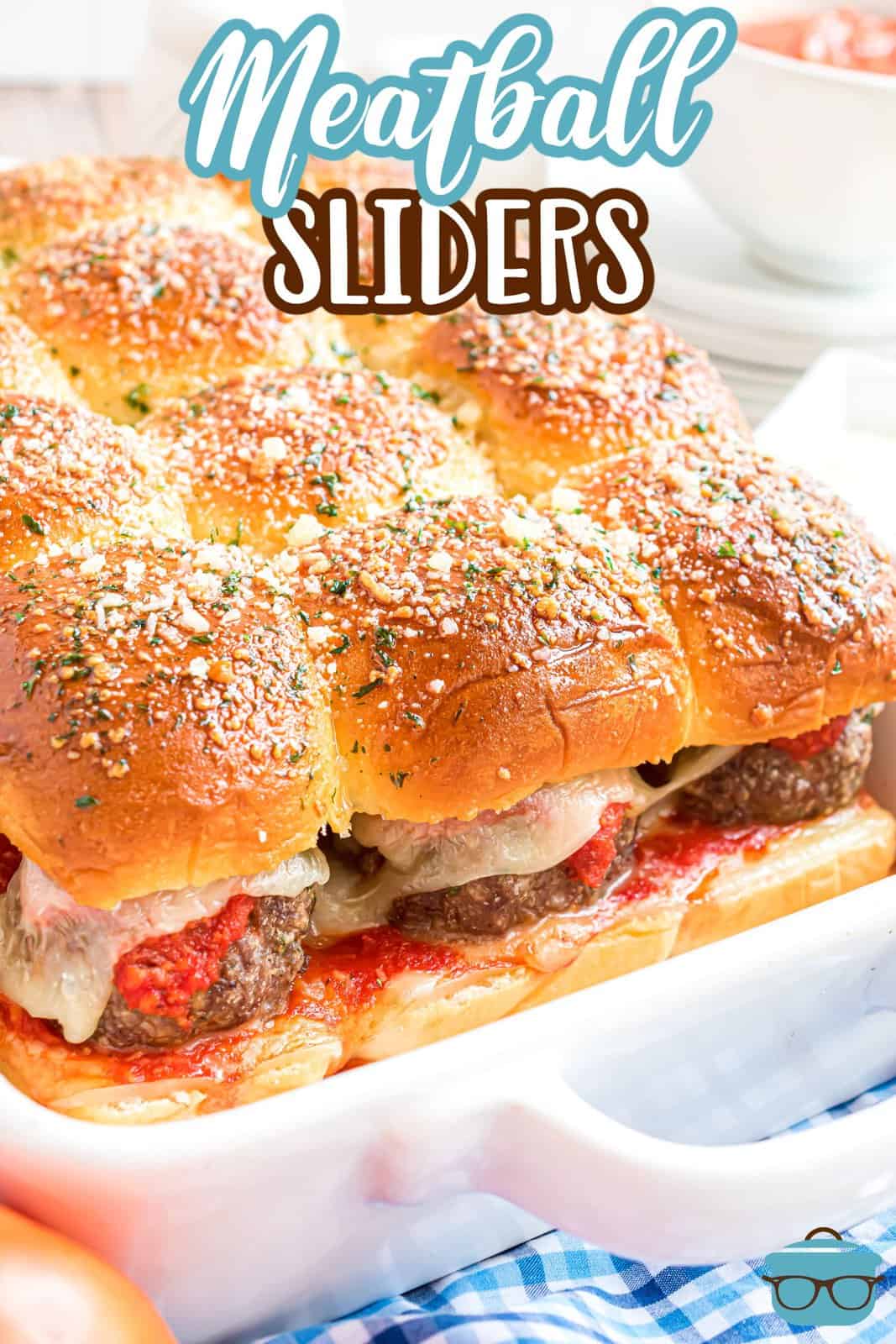 A baking dish of homemade meatball sliders. 