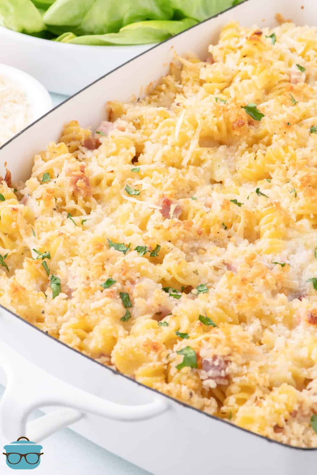 A baking dish full of homemade Ham and Cheese Casserole.