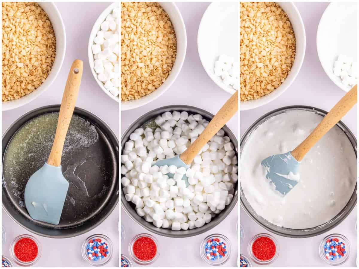 a collage of three photos: A saucepan with melted butter and a spatula, A saucepan with marshmallows and melted butter and fully melted marshmallows in a saucepan.