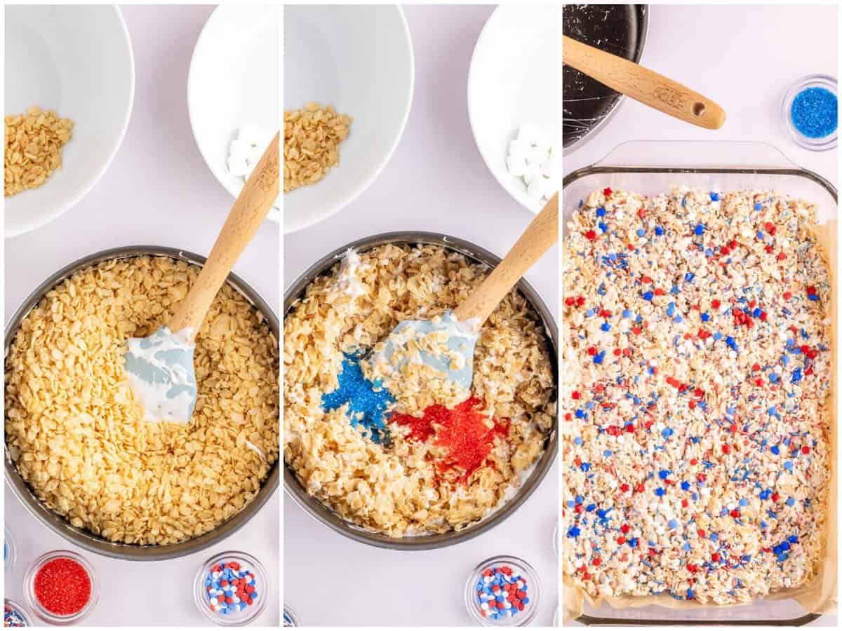 collage of three photos: Rice krispies on top of melted marshmallows and butter in a saucepan, Red and blue sprinkles in a saucepan of Rice Krispies, Red and blue sprinkles on top of Rice Krispie Treats in baking dish.