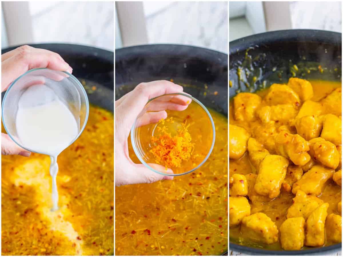 collage of three photos: cornstarch slurry shown being poured into orange sauce in a pan, orange zest being added to sauce in a pan, air fried chicken added to the sauce in the skillet. 