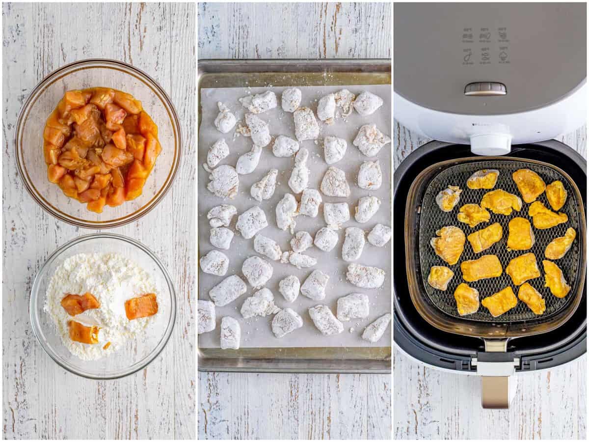 collage of three photos: marinated chicken shown being coated in cornstarch in a bowl, fully coated chicken pieces on a baking tray and chicken pieces shown in a basket air fryer and sprayed with nonstick cooking spray. 