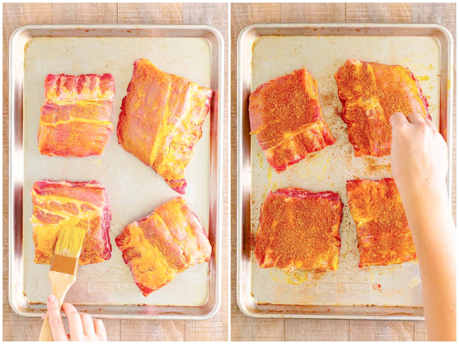 collage of two photos: spreading mustard onto rib sections; sprinkling seasoning on top of ribs. 