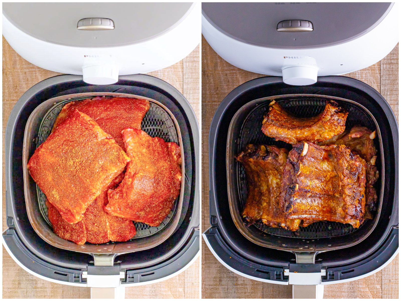 collage of two photos: seasoned ribs added into the air fryer basket; ribs turned over to cook the other side. 