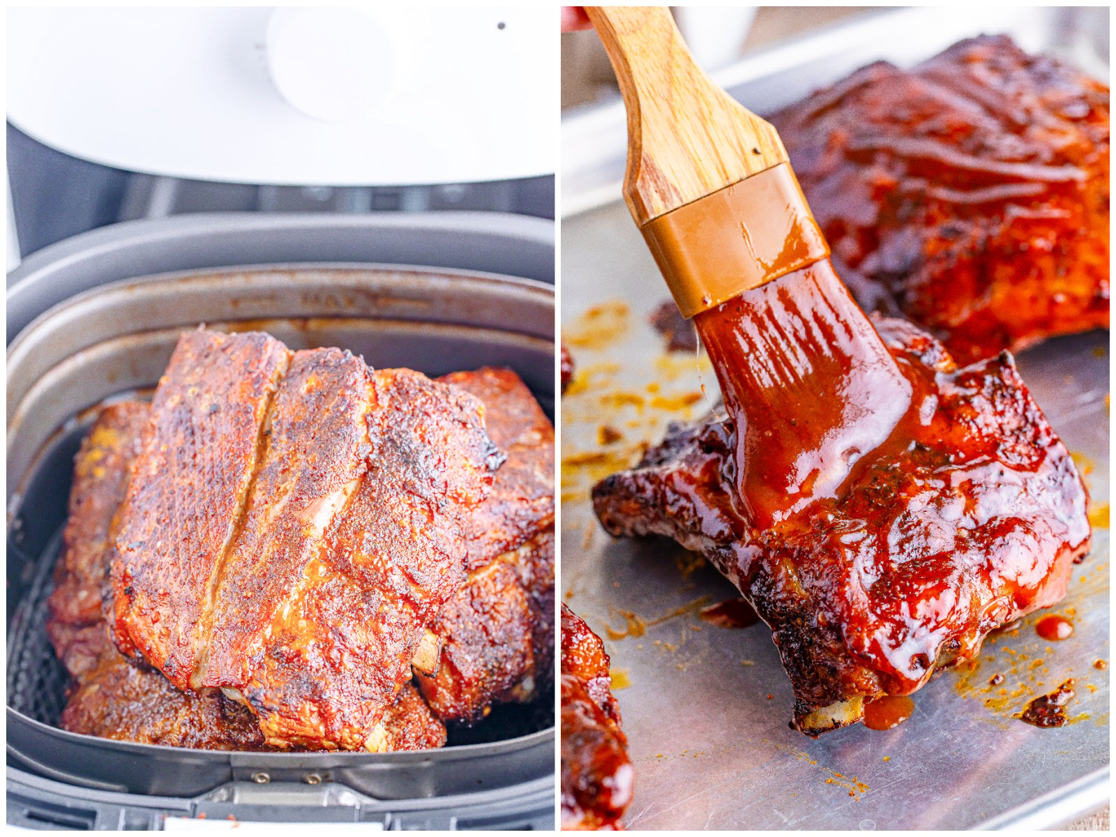 collage of two photos: fully cooked ribs in an air fryer basket; spreading BBQ sauce on top of ribs. 