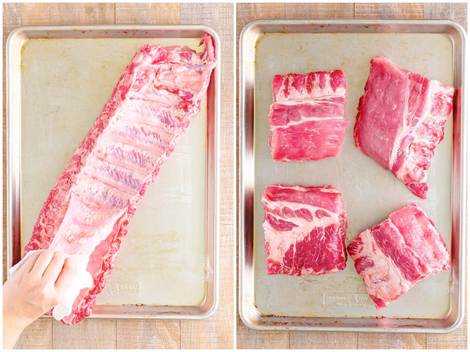 collage of two photos: removing the silver skin from the back of the ribs, cutting ribs into 4 sections. 