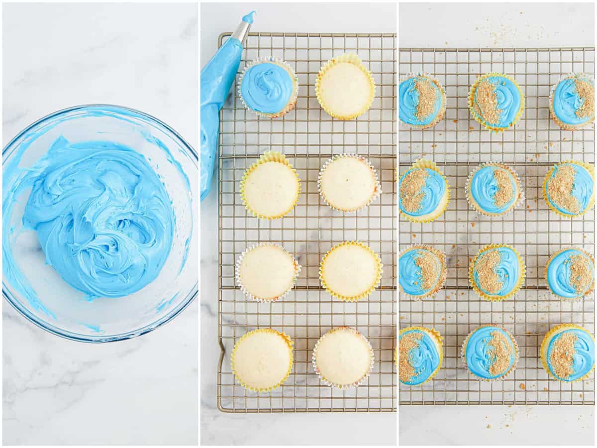 collage of three photos: blue gel added to white frosting in a clear bowl, cupcakes with one with blue frosting and a bag of frosting and decorated cupcakes on a wire rack.