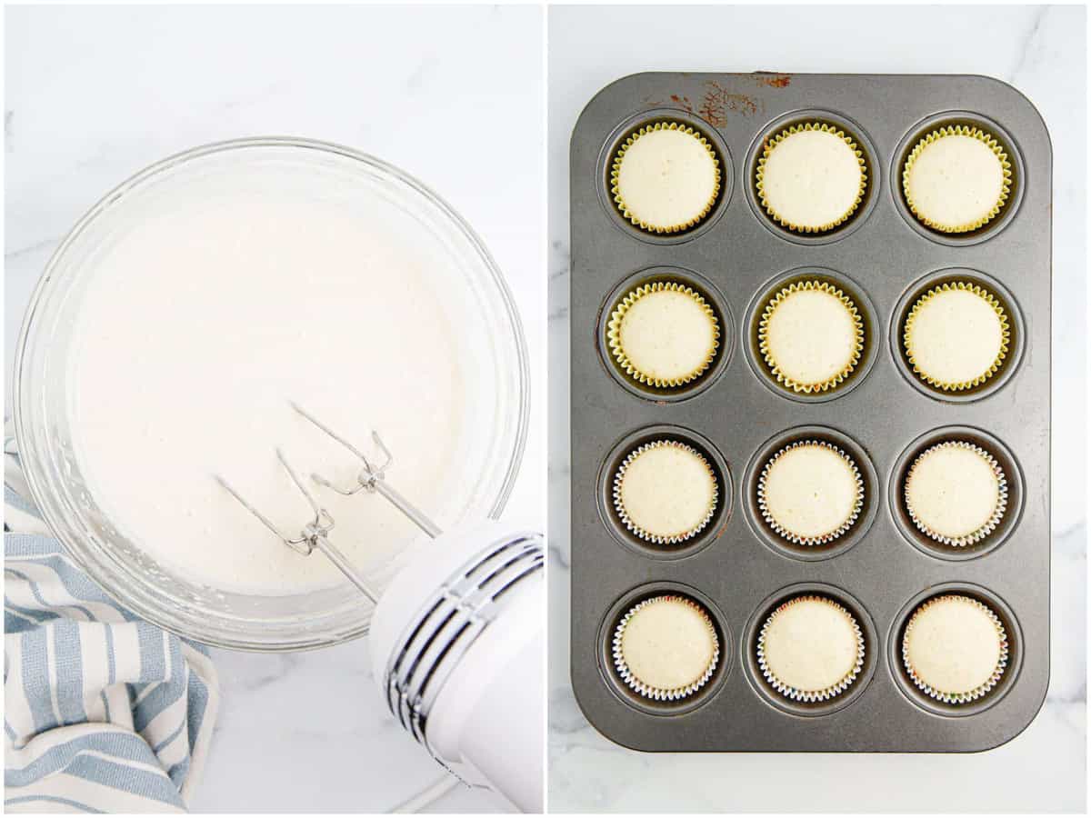 collage of two photos: white cake mix batter in a clear bowl with an electric hand mixer, baked cupcakes shown in a muffin pan.