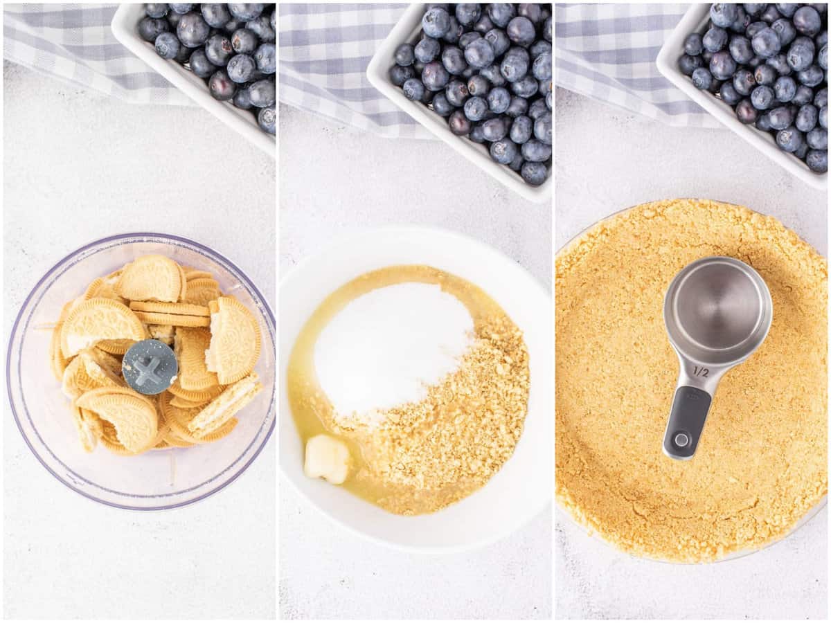 a collage of three process photos: Golden Oreo Cookies in a food processor, sugar and melted butter added to crushed Golden Oreos in a white bowl, crushed cookies being pressed into a pie pan. 