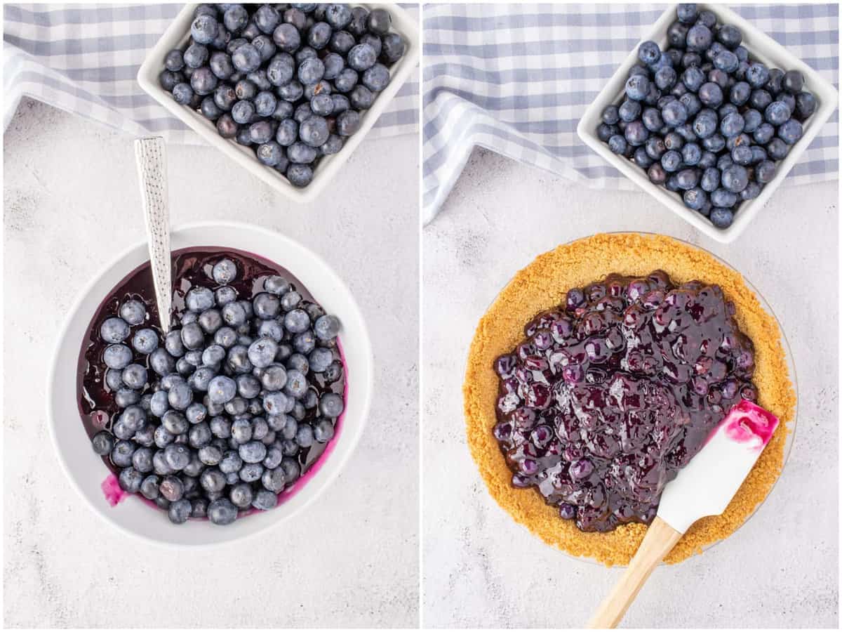a collage of two process photos: fresh blueberries added to cooled blueberry filling in a white bowl, blueberry pie filling added into golden Oreo crust. 