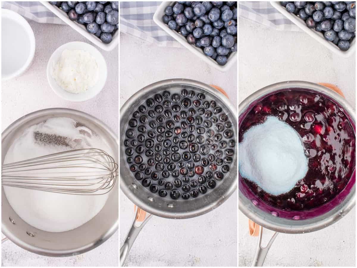 a collage of three process photos: sugar and a whisk in a sauce pan, fresh blueberries added to melted sugar in sauce pan, Berry Blue Jell-O mix added to blueberries mixture in sauce pan.